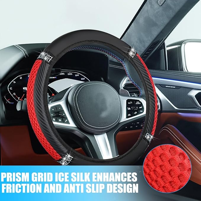 Bling Car Steering Wheel Cover, 15 Inch Elastic Stretch Crystal Rhinestone Vehicle Steering Wheel Protector, Anti-Slip Auto Interior Protective Cover, Universal for SUV RV Truck (Red)