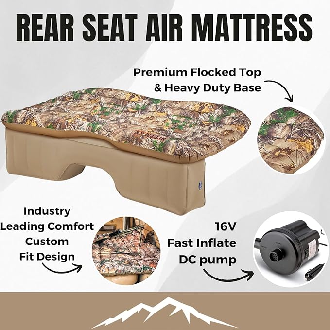Pittman Outdoors Backseat Bed Air Mattress – 60” Rear Seat Mattress for Trucks & SUVs – Includes Portable DC Air Pump – Truck Air Mattress for Back Seat Travel & Camping – Camo Print