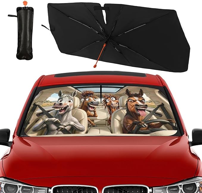 Socira Funny Horse Car Windshield Sun Shade Umbrella Foldable Sunshade for Front Window Auto Windshield Sunshade Covers Horse Car Accessories Protect from Sun Rays Heat Gifts 57'' X 30''
