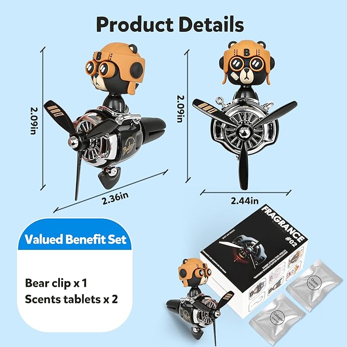 Bear Pilot Car Fresheners Vent Clip Cute Teddy New Car Scent Automotive Air Fresheners Cartoon Air Outlet Aromatherapy Ornament Thank You Gifts for Him Her Friends, Families