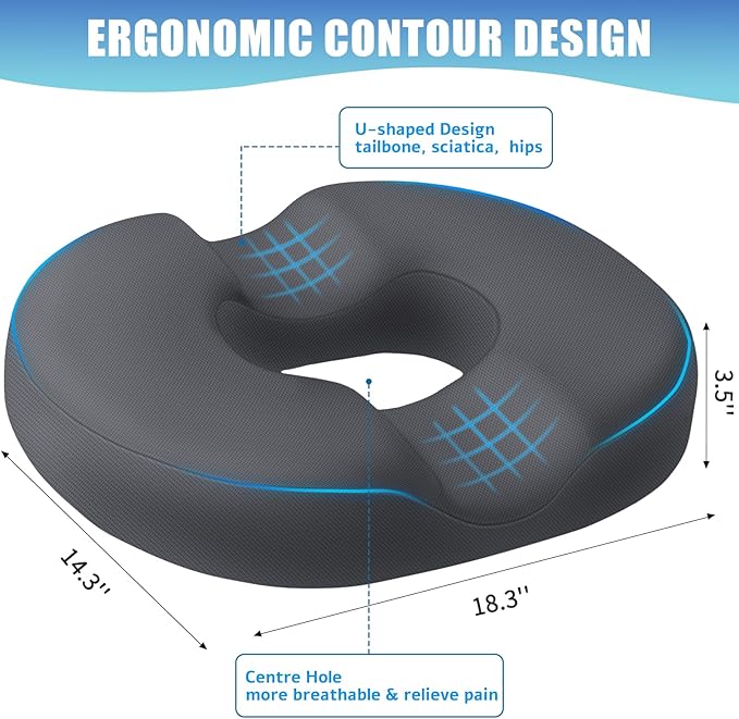 BlissTrends Donut Pillow Seat Cushion, Donut Chair Cushions for Postpartum Pregnancy & Hemorrhoids, Tailbone Pain Relief Cushion, Memory Foam Lifting Cushions for Office & Home Chairs (Grey, X-Large)