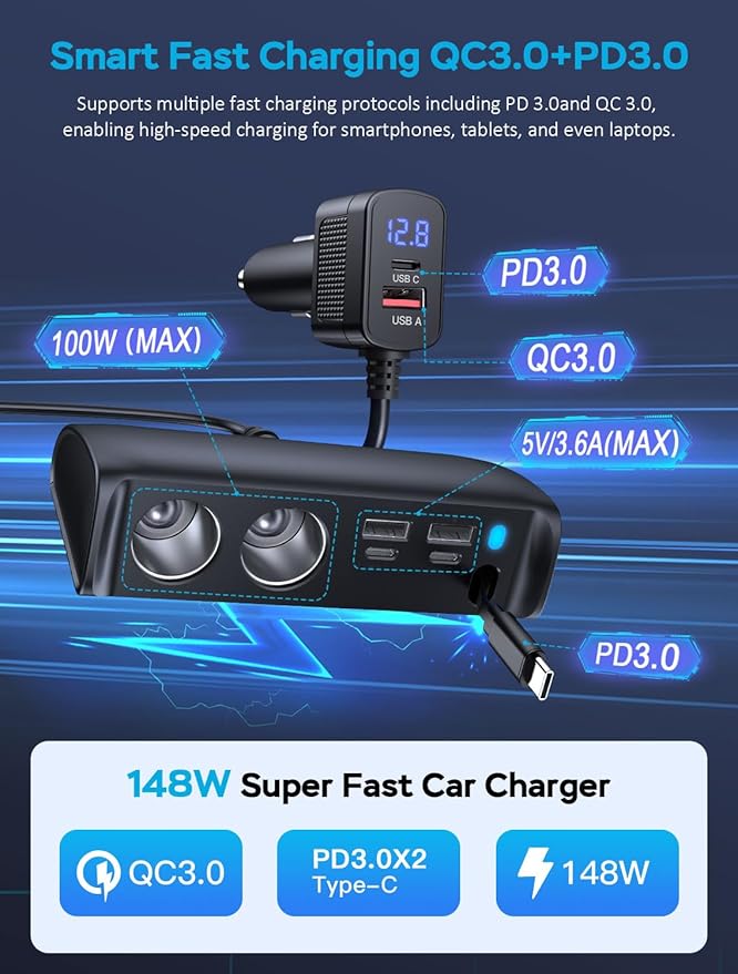 OOWOLF Retractable Cigarette Lighter Charger, 148W Car Charger Adapter 6 USB Ports, USB QC3.0 + PD3.0 Fast Charging, 70cm USB-C Charging Cable, Car Accessories, Compatible with 12/24V Vehicles