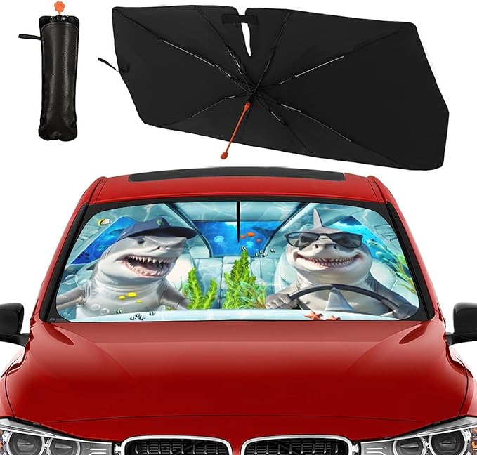 Socira Funny Sharks Car Windshield Sun Shade Umbrella Foldable Sunshade for Front Window Auto Windshield Sunshade Covers Car Accessories Protect from Sun Rays Heat 57'' X 30''