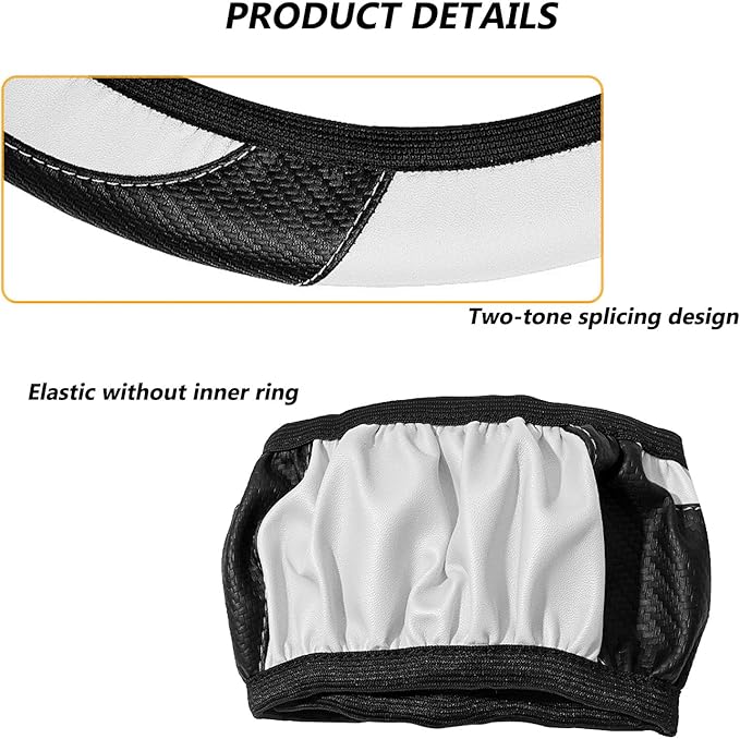 Carbon Fiber & PU Steering Wheel Cover, Slim Non-Slip Grip for Cars with Seamless Stitching, Machine Washable Easy to Install, Suitable for 38CM Vehicles (White)