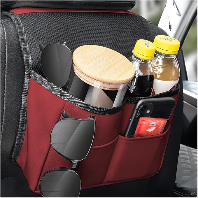 Car Seat Back Organizer, Multipurpose Leather Vehicle Backseat Hanging Bag Holder with Pockets, Large Capacity Automotive Interior Storage Box Accessories, Universal Fit (Wine Red)