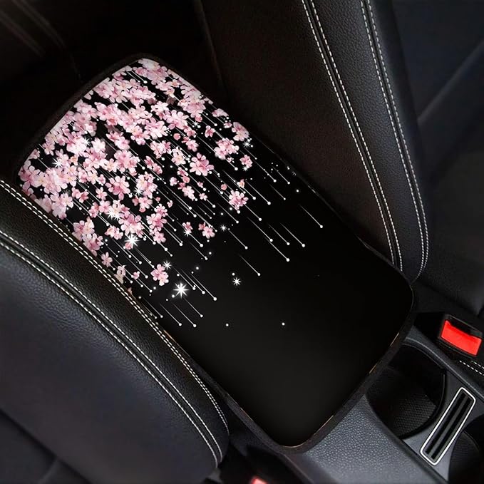 Pink Floral Auto Center Console Pad, Easy to Install Armrest Cover Pad for Trucks Vans SUV Cars, Universal Car Interior Decor Accessories for Women Men