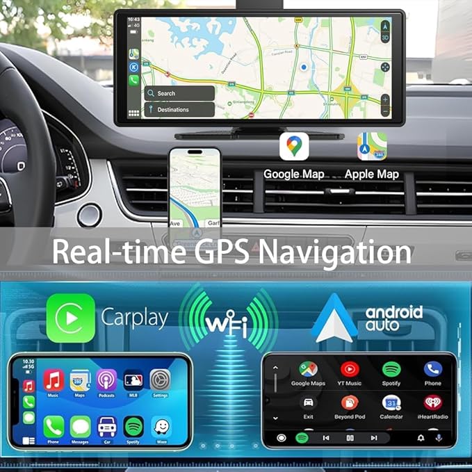 Portable Carplay-10.26" Screen Car Play-Wireless Apple Car Play & Android Auto,4K Dash Cam,1080p Backup Camera DVR,Audio Receivers GPS Navigation Mirror Link, Bluetooth,FM, Siri,SD Card