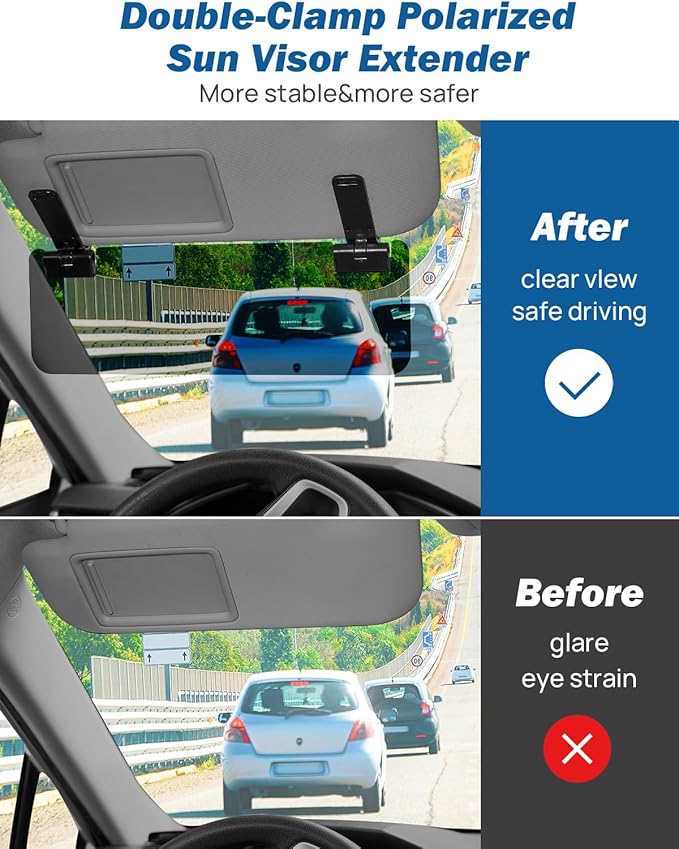 JOYTUTUS Sun Visor Extender for Cars, Polarized Sun Visor Extender Universal Sun Blocker UV400, Adjustable Visor Extension for Car Visor,Double-Clip,Anti Glare Stray Light