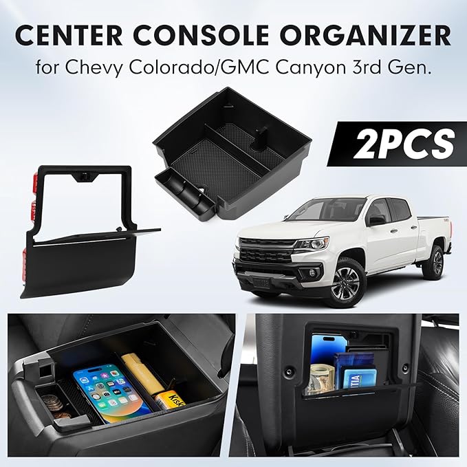 Autorder 2PCS Center Console Organizer for 2023-2026 Chevy Chevrolet Colorado/GMC Canyon Accessories Armrest Storage Box Hidden Storage Box Center Console Insert Tray with Anti-Slip Mat