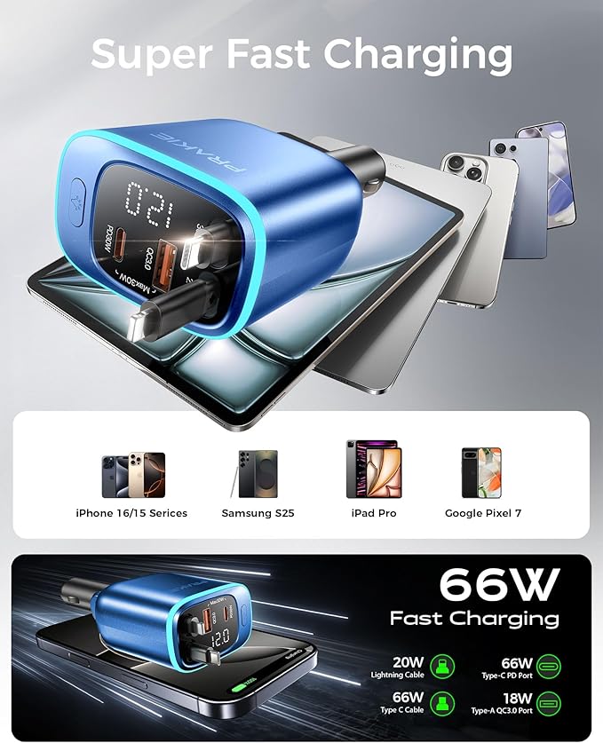 Car Charger, iPhone Fast USB C Phone Car Charger, Cigarette Lighter Adapter with 2 Cables 25 Inch and 2 USB Ports, Retractable 4 in 1Multi Port USB Car Charging for iPhone 17/16/15/14/13/Pro Max-Blue