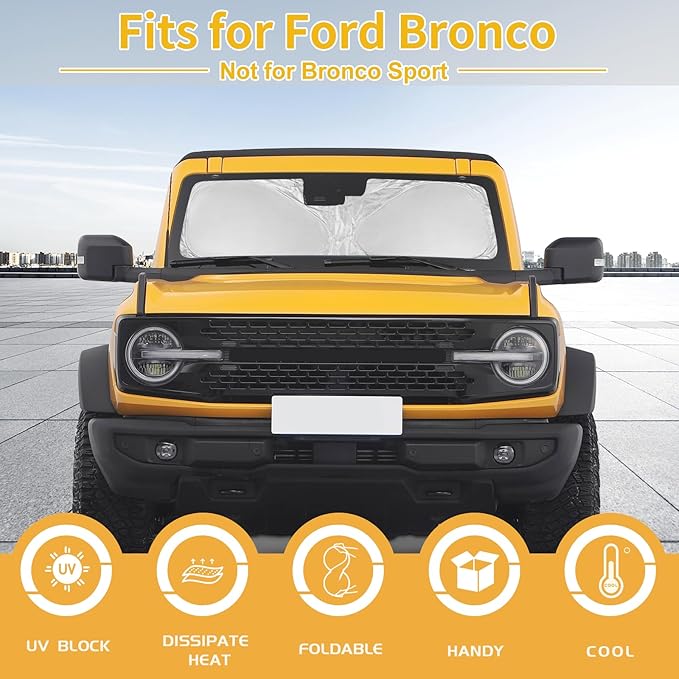 for Ford Bronco Windshield Sun Shade for Bronco 2021-2023 2024 2025 2026 (Not for Bronco Sport)- 4 Layers Window Shades 4 Door 2 Door Sunshade Visor Protector 240T Foldable Block UV Ray
