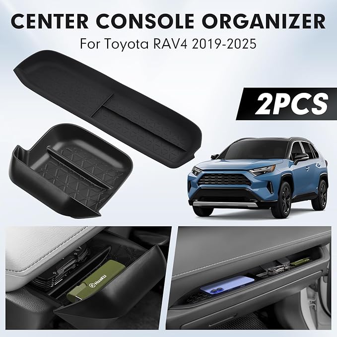 Autorder 2PCS Center Console Organizer for 2019-2025 Toyota RAV4 Accessories ABS Driver Drawer Storage Box Silicone Glove Box Organizer Center Console Insert Tray with Anti-Slip Surface