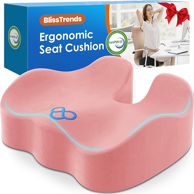 BlissTrends Seat Cushion,5.2in Thick Memory Foam Cushions for Office Chair, Car Seat, Airplane, Relieving Pressure Tailbone Sciatica Back Pain for Long Sitting Office Workers, Car Drivers Pink