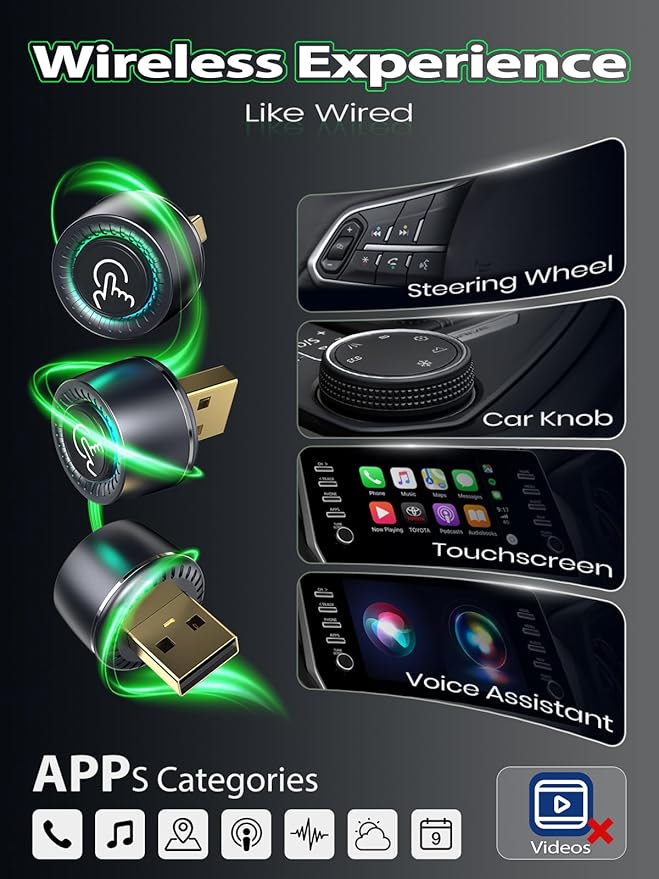 Wireless CarPlay Adapter for iPhone, 1-Click Switch for 2 Phones, Plug & Play, No Delay, Converts Wired to Wireless Car Play Dongle, Fast Stable for Cars 2016+ with Apple CarPlay & Android Auto Grey