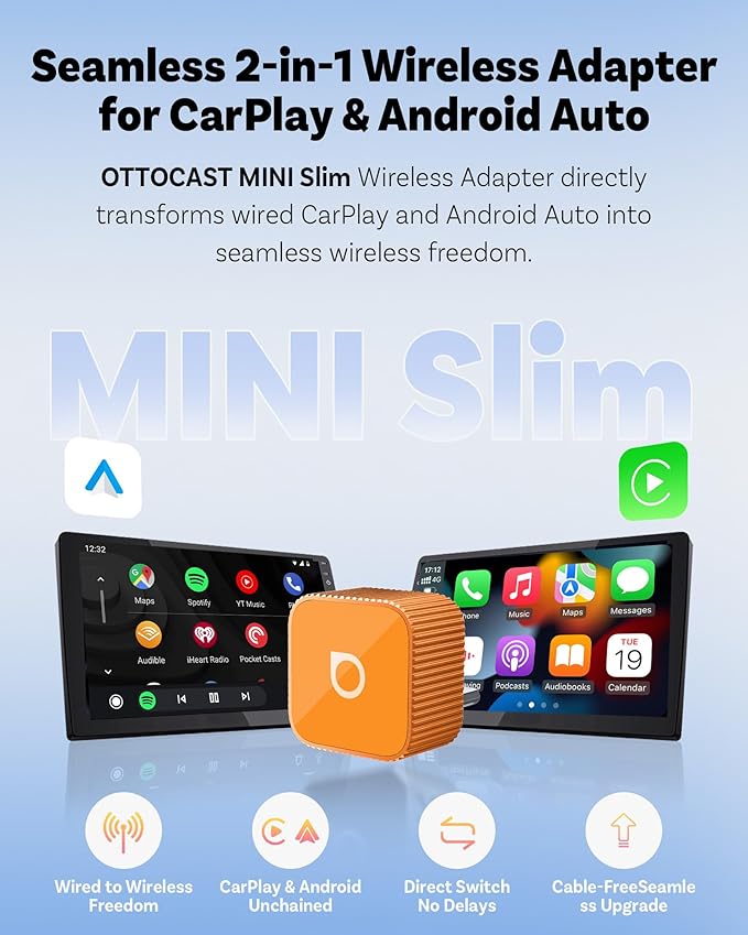 OTTOCAST 2026 New Mini Slim [USB C], 2-in-1 Wireless CarPlay Adapter & Android Auto Adapter, Plug & Play, 5s Auto-Connect Wireless Carplay Dongle for Factory Wired Cars, iPhone & Android Orange