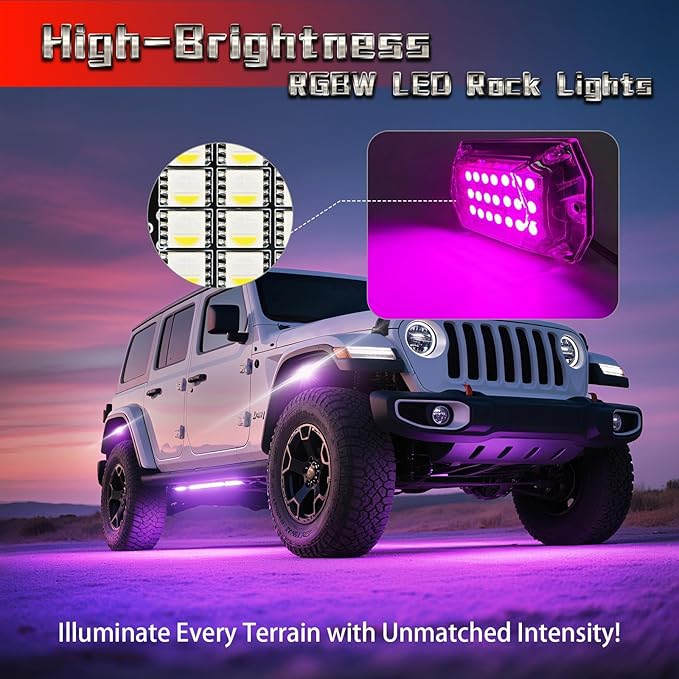 16 Pods Full Angle RGBW LED Rock Lights for Truck Jeeps RV Pickup Offroad UTV SUV Van, RGB and White Waterproof Multicolor Neon Underglow Kit with APP/RF Remote Vehicle Underbody Light Underneath 12V