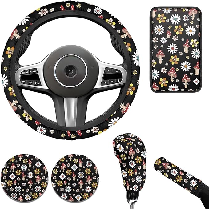 Mushroon Car Accessories 6 Pcs Sets for Men Women Many Flower Cute Car Steering Wheel Cover Cup Coaster Handbrake Cover Suit for Cars Truck Vans SUV