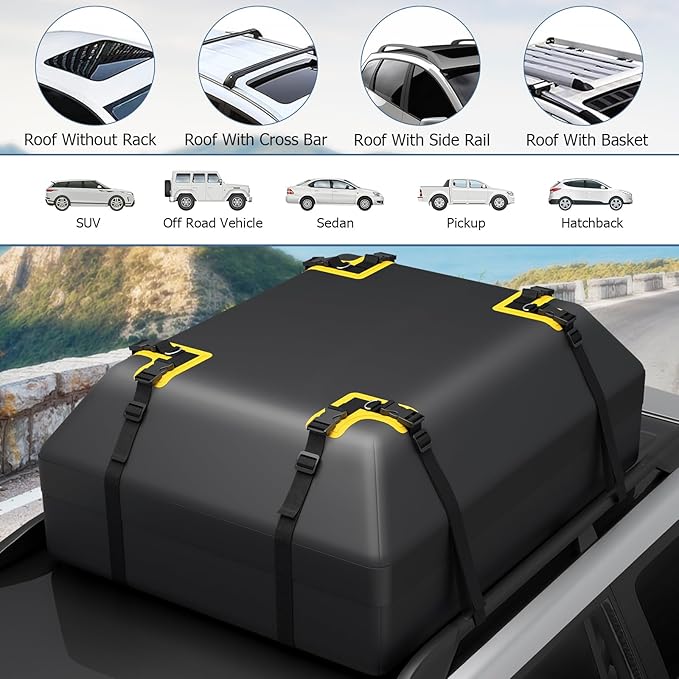 Goplus 15 Cu.Ft Roof Bag Cargo Carrier, Roof Top Luggage Bag for All Vehicles with/Without Roof Racks, Non-Slip Mat, Digital Lock, Waterproof Roof Bag for Various Cars w/6 Door Hooks (15 Cu.Ft)