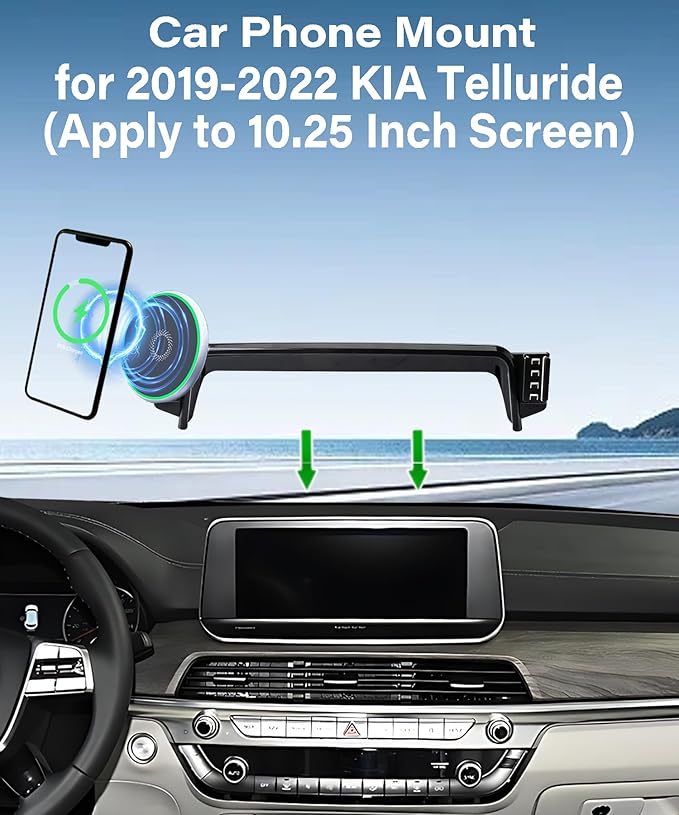 Car Phone Holder for KIA Telluride 2019 2020 2021 2022 Accessories 15W MagSafe Fast Wireless Charger Cell Phone Mount Apply to 10.25 Inch Touch Screen Fixed Clip 360° Rotation