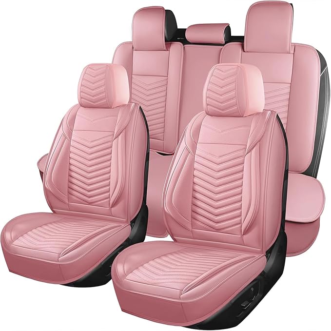 Nappa Leather Car Seat Covers Full Set, Pink Car seat Protector 5 Seats, Waterproof Car Seat Cushion, Universal Automotive Seat Covers Fit for SUV Truck Pick-up Sedan, Front and Rear
