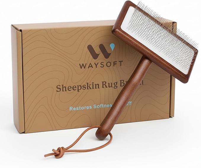WaySoft Sheepskin Rug Brush with Premium Natural Beech Wood Handle, Restores Softness & Fluff, Gently Removes Dirt, Ideal for Sheepskin Rug Care, Includes Hanging Leather Strap for Easy Storage