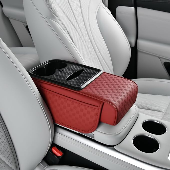 Car Center Console Armrest Pad, Arm Rest Box Cushion with Ergonomic Height Boost, Storage Pockets, Built-in Tissue Box, Cupholder, Fit for Most Sedan Vehicles (Embossing Checkerboard, Burgundy)