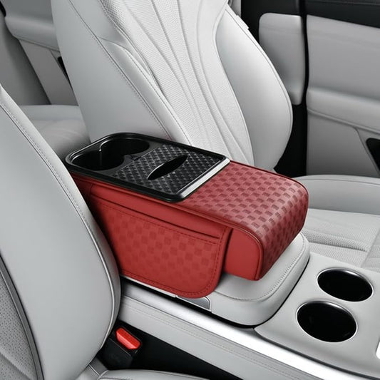 Car Center Console Armrest Pad, Arm Rest Box Cushion with Ergonomic Height Boost, Storage Pockets, Built-in Tissue Box, Cupholder, Fit for Most Sedan Vehicles (Embossing Checkerboard, Burgundy)