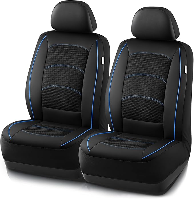 Road Comforts Car Seat Covers, Leather Front Seat Covers with Piping, Air-Cool Mesh Designed, Airbag Compatible Automotive Seat Covers for Most Car, Truck, Van, SUV - Black with Blue Piping