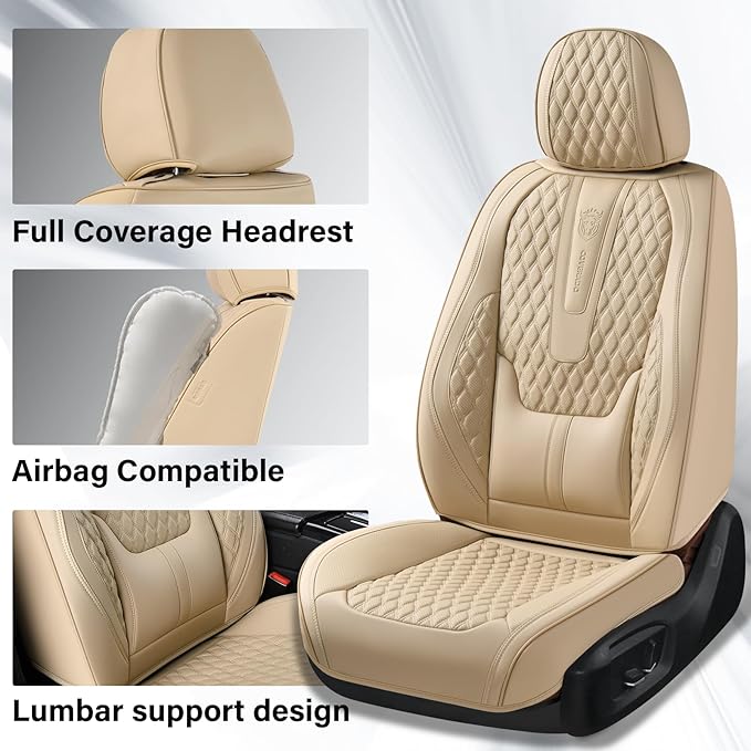 Coverado Car Seat Covers Full Set, Nappa Leather Seat Covers for Car, Waterproof Car Seat Protector with Lumbar Support, Automotive Seat Covers Universal Fit for Most Cars SUV Trucks (Beige)