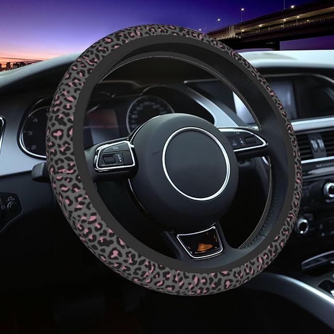 Pink Black Leopard Cheetah Print Steering Wheel Cover, Cute Anti-Slip Breathable Car Accessories Interior Elastic Steering Wheel Cover for Women Fit Auto, SUV Vans Truck Universal 14.5-15 Inch