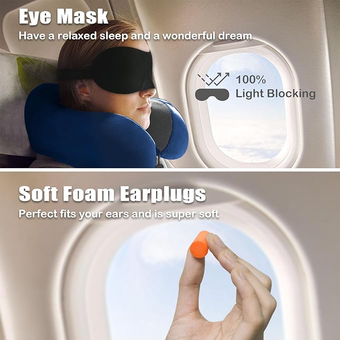 Travel Pillow, Memory Foam Neck Pillow for Traveling, U Shape Neck Pillow Airplane Portable Flight Pillow Travel Kit with 5D Contoured Eye Masks and Earplug for Plane Train Car Home Office - Blue