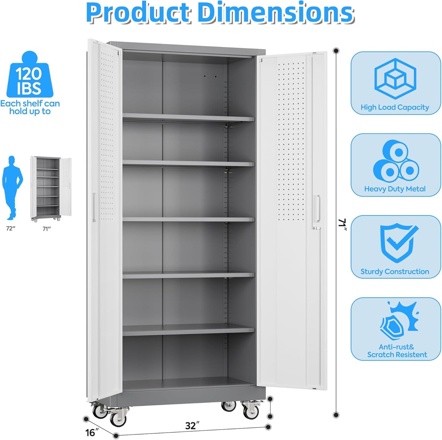 Metal Garage Cabinet with Wheels and Pegboard 71'' x 32'' x 16'', Lockable Rolling Steel Cabinet with 5 Adjustable Shelves and Door for Garage, Office, Kitchen, Assembly Required