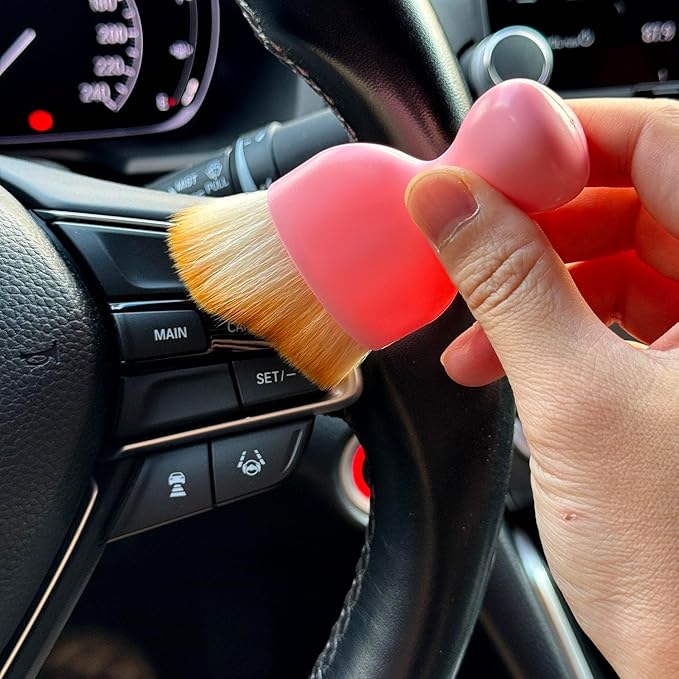 Car Detailing Brush, Soft Bristle Cleaning Brush, Scratch-Free Auto Duster Tool for Dashboard, Air Vents, Leather & Interior Cleaning (Pink&Brown)