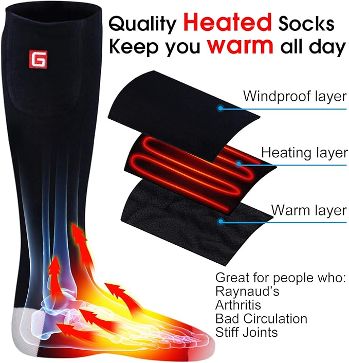 Autocastle Heated Socks for Men Women - Rechargeable Battery Electric Socks for Chronically Cold Feet - Winter Warm Thermal Washable Unisex Foot Warmer for Hunting Skiing Cycling