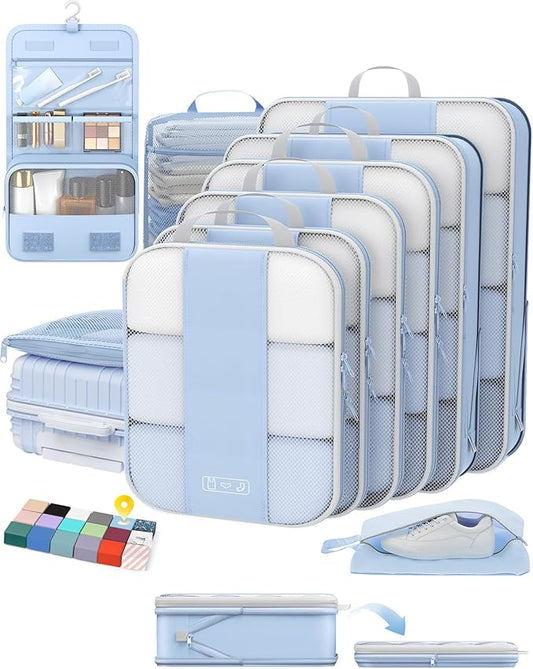 10 Set Compression Packing Cubes for Travel Essentials,Compressible Expandable Packing Cubes for Suitcase,OlarHike Luggage Organizer Bags for Travel,Handy Helper for Organizing Clothes(Light Blue)
