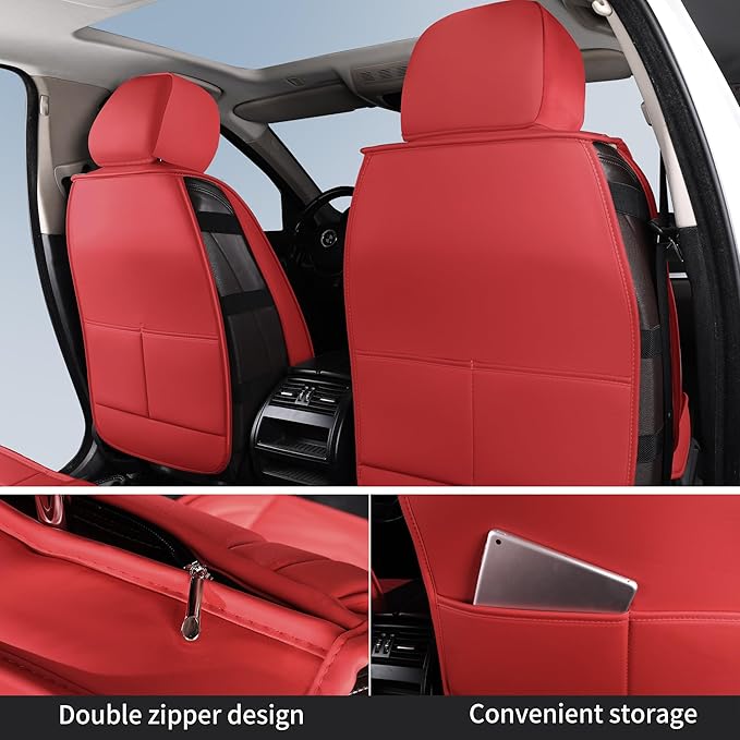 Nappa Leather Car Seat Covers Full Set, Red Car seat Protector 5 Seats, Waterproof Car Seat Cushion, Universal Automotive Seat Covers Fit for SUV Truck Pick-up Sedan, Front and Rear