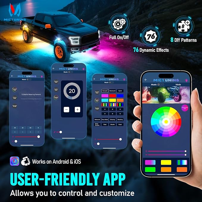 MICTUNING Q1+ MAX 12 Pods Ultra-Bright RGB+IC Rock Lights, Multi-Color Chasing Underglow Lighting, Extensible to 24 Pods, APP Music Sync & DIY Effects, IP68 Waterproof