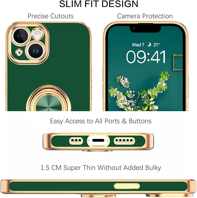 VENINGO iPhone 14 Case, Slim Fit Soft 360 Ring Holder Kickstand Magnetic Car Mount Supported Easy Clean Shockproof Protective Cover for Apple iPhone 14 6.1" 2022, Midnight Green
