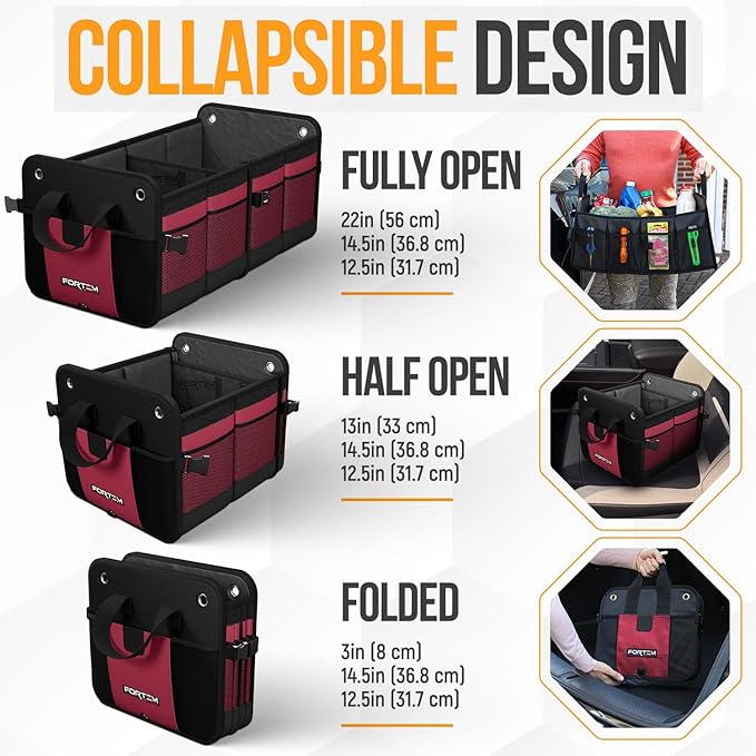 FORTEM Trunk Organizer For SUV Car Organizer and Storage, Multi-Compartment Storage Bag Car Accessories for Women Men, Perfect Christmas Gifts, 1680D Oxford, Non Slip Bottom, Straps, Soft Cover (90L)