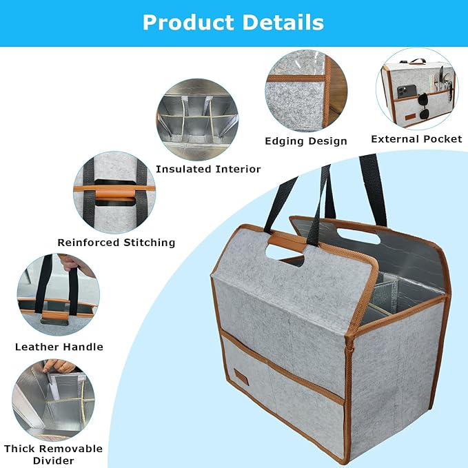 6 Cup Drink Carrier with Handle, Reusable Insulated Cooler Drink Caddy for Car Cup Holder, Foldable Coffee Carrier Bag with Adjustable Dividers, Portable for Car, Travel, Picnic Party, Food Delivery