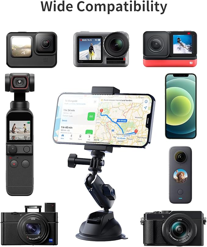 TELESIN Aluminum Camera Suction Cup Car Mount with Phone Holder, Outside Inside Windshield Window Dashboard Accessories for GoPro 13 12 11 10 9 8 7 6 5 Insta360 X3 X4 X5 DJI Action 3 4 5pro Pocket 3
