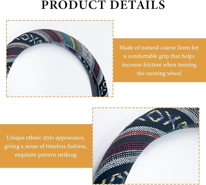 Boho Steering Wheel Cover, 15 Inch Coarse Flax Cloth Ethnic Style Anti-Slip Car Wheel Wrap, Universal Breathable Bohemian Steering Wheel Protector for Cars Vans Trucks (D)