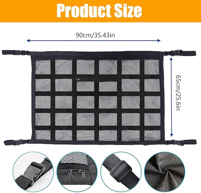 Car Ceiling Cargo Net Strong Load-Bearing Mesh Car Roof Storage Organizer Large Capacity Space Saving Car Ceiling Net Storage Bag Car Interior Accessories for SUV Truck Van(90 * 65cm)