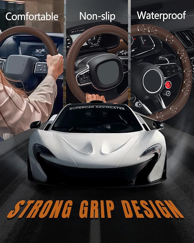WOCOCN Car Steering Wheel Cover, Thin Anti-Skid Silicone Steering Wheel Cover for Men & Women, Universal Automotive Interior Accessories for Most Cars (Brown)