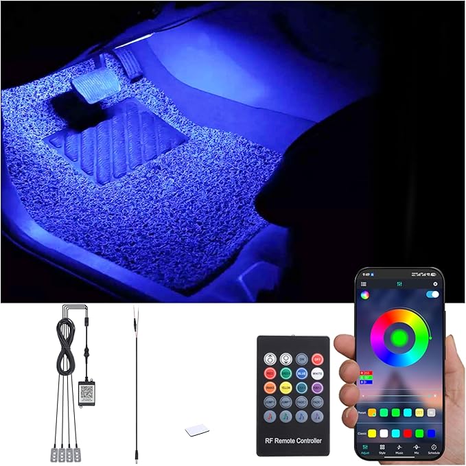 RGB Car Footwell Ambient Lighting Kit 16.7 Millions Colors Sound Active Music Sync APP Control + RF Remote Controller DC Line Car Interior Multicolored Footwell Atmosphere Light DC 12V