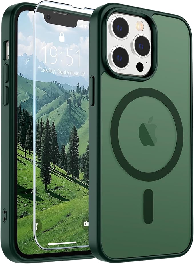 SUPFINE Magnetic for iPhone 13 Pro Max Case (Compatible with MagSafe) (Military Grade Drop Protection) Translucent Matte Shockproof Phone Case,Forest Green