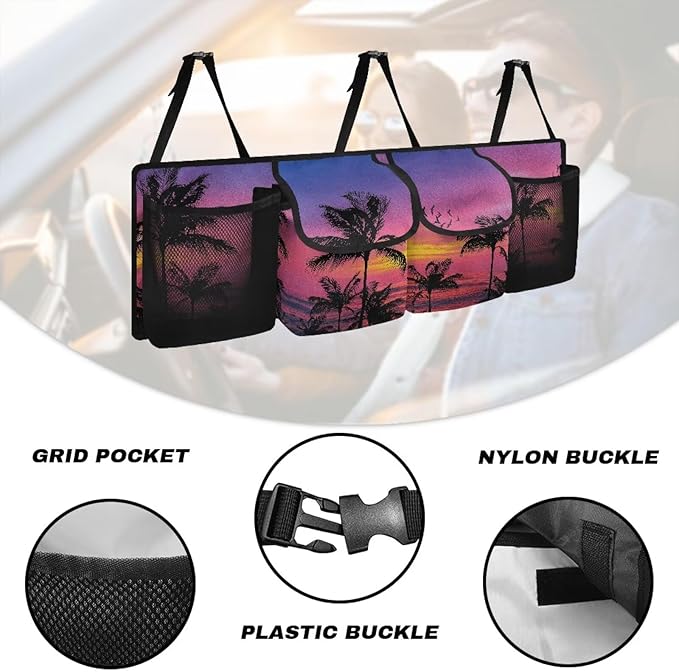Purple Sunset Palm Hanging Trunk Organizer for SUV Back Seat Organizer with Elastic Net Collapsible Cargo Storage Bag Car Interior Accessories