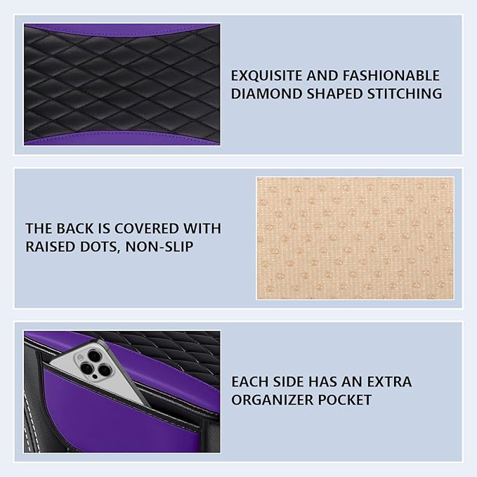Leather Car Center Console Cover,Upgraded Center Console Cushion Pad with Side Pockets,Patchwork Arm Rest Cover for Car,Waterproof Armrest Seat Box Covers,Universal for Most Vehicles (Purple)
