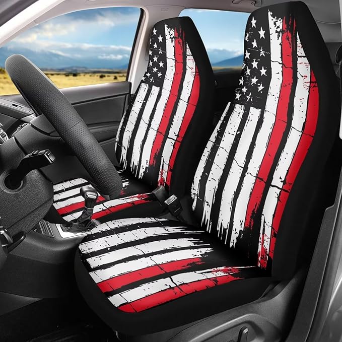 ELEQIN Retro American Flag Seat Covers, Car Seat Covers Front Seats, Car Seat Cushion, Front Car Seat Covers Canvas Car Seat Protector Universal Fit Most Cars