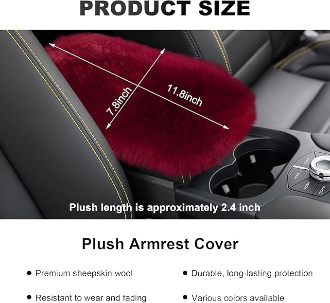 Center Console Cover, 11.81"×7.87" Automotive Fluffy Plush Center Armrest Protector, Universal Furry Comfortable Center Console Pad for Cars Trucks SUVs, Car Accessories (Wine Red)